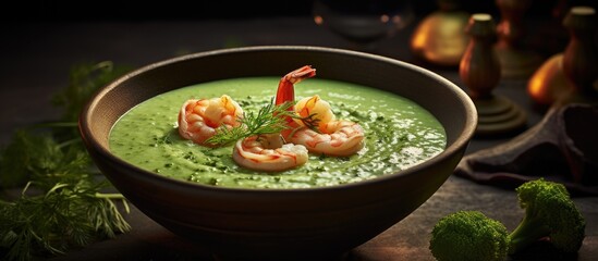 On a light table sat a bowl of creamy broccoli soup, perfectly complemented by succulent shrimp, creating a tempting and satisfying meal.