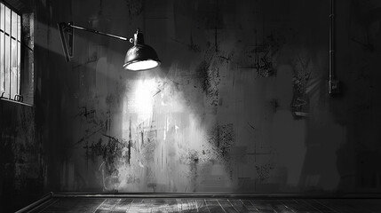 
sala com grande lâmpada na parede em preto e branco - obrazy, fototapety, plakaty