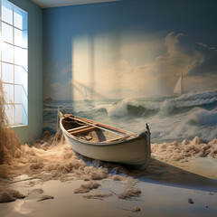 Surreal Escape: A Creative Concept of a Boat in a Room with Ocean Waves Crashing into Reality - obrazy, fototapety, plakaty