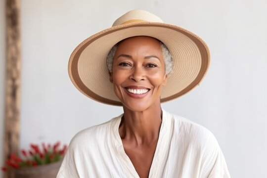 Portrait of a beautiful mature woman wearing a straw hat smiling at the camera
