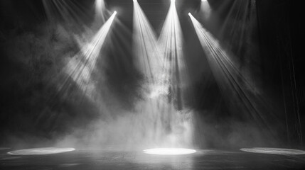 holofotes brilham no chão do palco dentro de uma sala escura, neblina flutua ao redor, ideia para plano de fundo, simulação de cenário Foto - obrazy, fototapety, plakaty