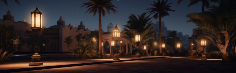 Fototapeta na wymiar Panoramic mosque scene at night, with the theme of the month of Ramadan and Islamic holidays.