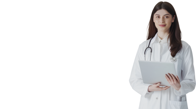 A beautiful intern doctor holding a laptop, looking at the camera, Transparent background with copyspace. Healthcare and medical concept. PNG.