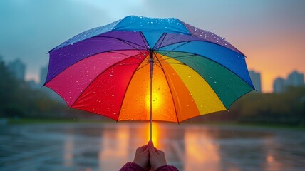 LGBT umbrella with colors held on a plain color background