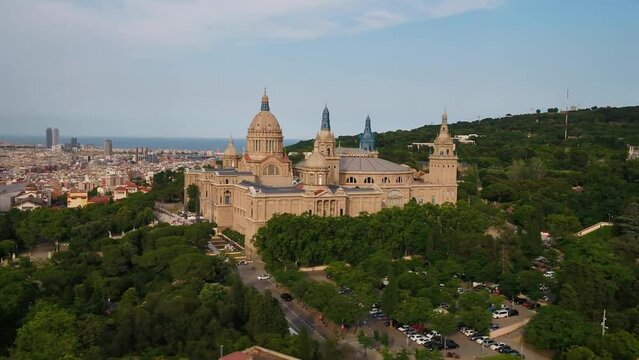 city landscape of barcelona, aerial drone view. spain travel footage