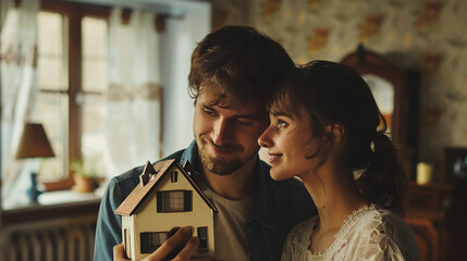 Jovem feliz casal pobre segurando uma casa em miniatura na mão, dentro do interior da casa no fundo - obrazy, fototapety, plakaty