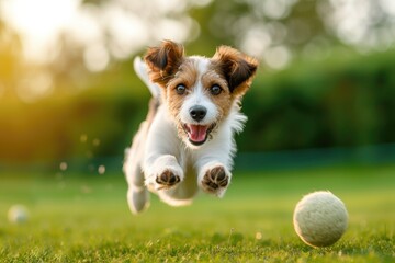 Cute dog that is jumping up to catch a ball
