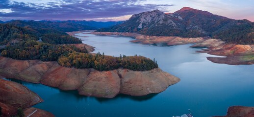 Reservoir of Lake Shasta in low water level in Shasta, California, United States.