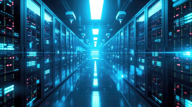 A parallel row of servers, adorned in electric blue, fills a technology-driven data center hallway with a symmetrical display of power and Azure technology. AIG41