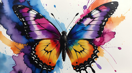 3D watercolor Butterfly Illustration on white background. Splash water color design for children clothes. AI generated.