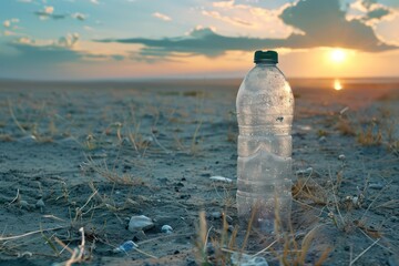 Plastic bottle of water on the beach at sunset, pollution concept - obrazy, fototapety, plakaty