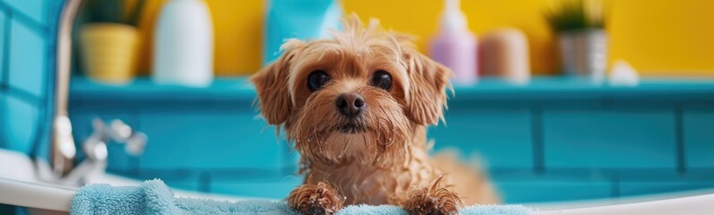 Cute dog taking a bath . Banner - obrazy, fototapety, plakaty