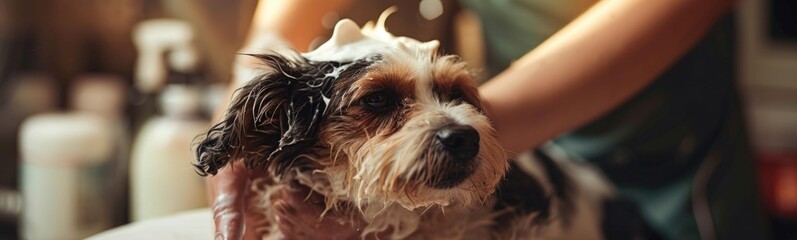 Cute dog taking bath. Banner - obrazy, fototapety, plakaty