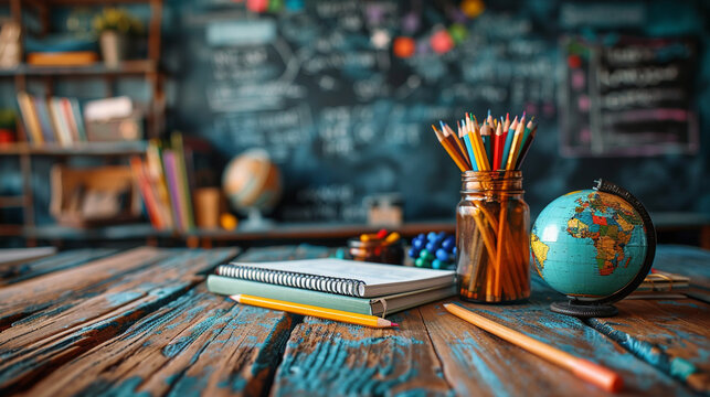 Back to School Classroom Desk with Globe and Supplies. Colorful classroom setting with a desk featuring school supplies, a globe, and a chalkboard background, symbolizing back to school. - Powered by Adobe
