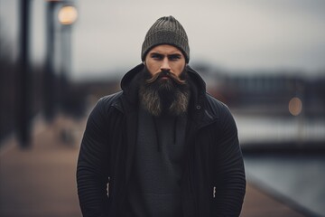Bearded man, long beard. Brutal caucasian serious unshaven hipster with moustache in black coat and hat on urban background - Powered by Adobe