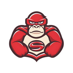 A logo illustration of a gorilla in a superhero costume on a white background. Created with generative AI.