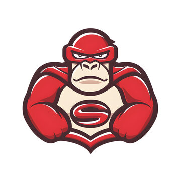 A logo illustration of a gorilla in a superhero costume on a white background. Created with generative AI.
