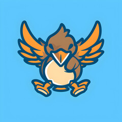 A logo illustration of a winged platypus on blue background. Created with generative AI.