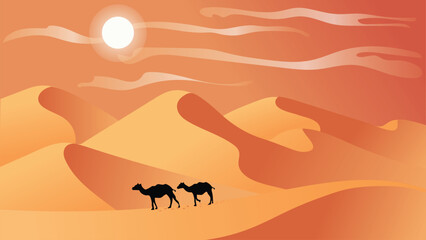 Wild desert landscape with golden dunes and yellow sandy hills. A silhouette camel caravan passing through the desert. You can use for banner, poster, website, social media. Islamic background.
