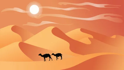Tableaux sur verre Couleur saumon Wild desert landscape with golden dunes and yellow sandy hills. A silhouette camel caravan passing through the desert. You can use for banner, poster, website, social media. Islamic background.