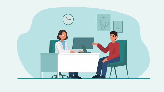 A female doctor interacting with her patient in a professional office environment. Medical consultation. Vector Illustration.