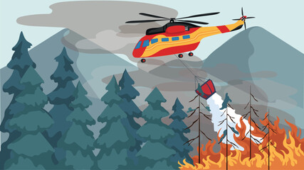 Vector illustration of forest fire scene with a helicopter conducting rescue operations to contain the fire and protect the ecosystem. © felixesteban