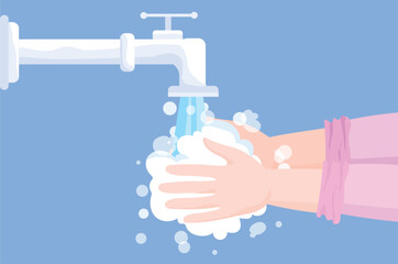Vector Illustration of Hand Washing Under a Running Faucet. A pair of hands are in soap suds. Health, personal care, cleanliness and hygiene concepts.