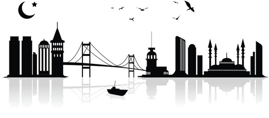 Silhouette Vector Illustration Landmarks and Modern Architecture of Istanbul, Turkiye. Galata Tower, Maiden Tower, and Istanbul Bosphorus Bridge. It’s for banner, poster, website, social media.