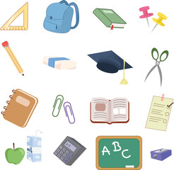 Colorful School Supplies collection. Various education materials vector illustration set.