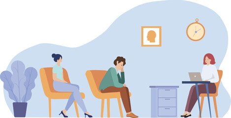 Vector Illustration of Patients and Therapist in Office. Counseling session, therapy and mental health care.