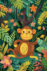 A happy monkey in a forest illustration