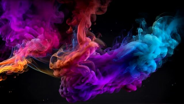 Abstract colorful fantasy smoke moving on black background. Colorful smoke explosion animated background. Cyberpunk neon light illustration
