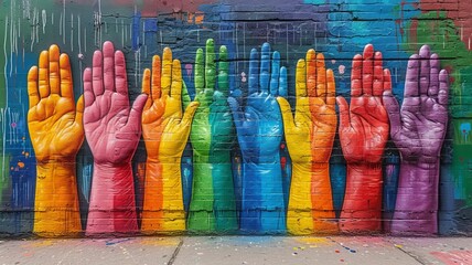 mural with colorful painted hands as a sign of support for the lgbt - obrazy, fototapety, plakaty