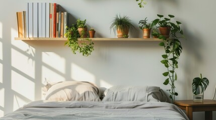 Modern and Stylish Bedroom with Floating Shelf of Plants and Books