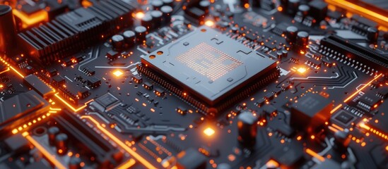 Illustration render of a glowing CPU on a motherboard, showcasing a technology background. - obrazy, fototapety, plakaty
