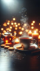 Obraz na płótnie Canvas A steaming cup of tea and biscuits set upon a table against a backdrop of blurred lights and bokeh effects
