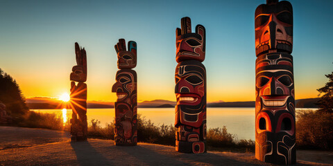 Canadian Totem Pole: A Vertical Wooden Craft Symbolizing Native Culture in British Columbia Park - obrazy, fototapety, plakaty