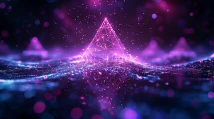 Abstract flying in futuristic corridor with triangles background, fluorescent ultraviolet light, colorful laser neon lines, geometric endless tunnel, blue pink spectrum.