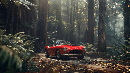 Red vintage car in the forest. 3D render. Vintage concept