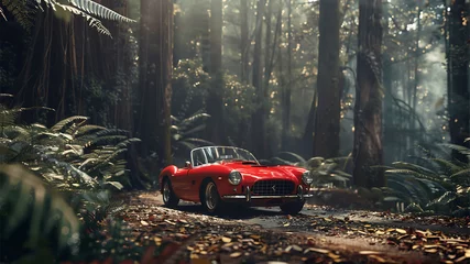 Poster Red vintage car in the forest. 3D render. Vintage concept © Rama