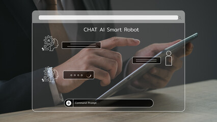 Hand holding tablet and using technology Global Internet connect Chat bot Chat with AI, Artificial...