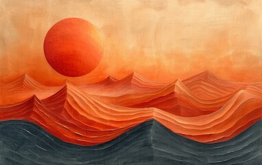 Digital structure of painting. Summer landscape in mountains with the sun.