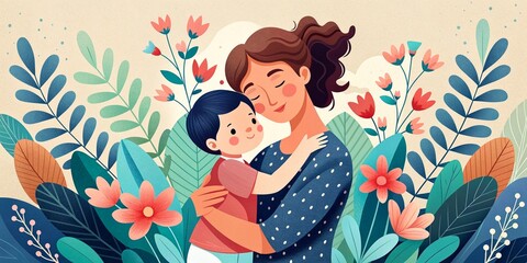 Mother Embracing Child with Background Flower - Mother's Day Concept