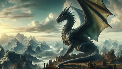 colossal, ancient dragon perches on a mountaintop, with a vast, sprawling fantasy world visible in the background, emphasizing the creature's majesty and power - obrazy, fototapety, plakaty