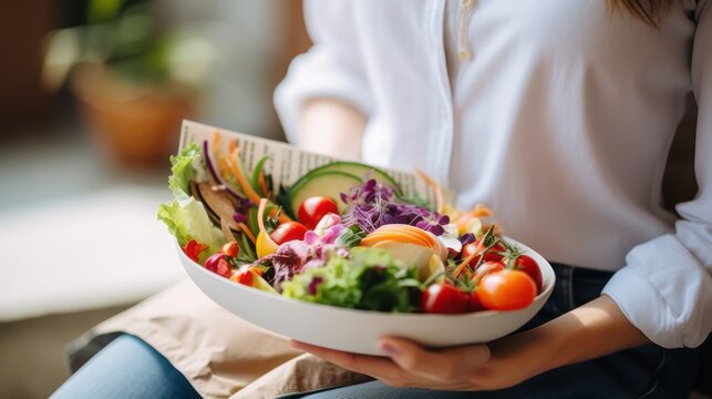 Healthy diet vegan food vegetables on plate in a woman's hand, vegetarian food menu.
