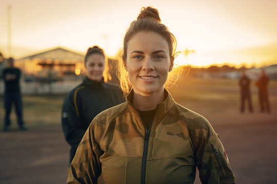 Strength and Determination Personified: A Female Military Trainer in Her Uniform at a Military Base During Sunset - Powered by Adobe