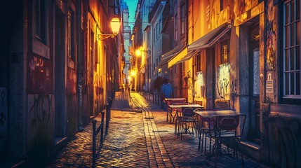 Fototapeta na wymiar Night view of the narrow streets of Lisbon with cafe outdoors Portugal : Generative AI