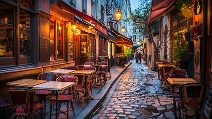 Fototapeta na wymiar Cozy street with tables of cafe in Paris France Night cityscape of Paris Architecture and landmarks of Paris : Generative AI