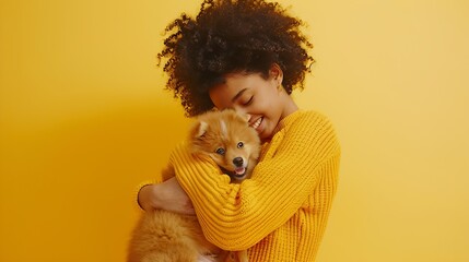 Pleased happy Afro girl gets lovely puppy plays and embraces four legged friend with love stands against yellow background wears knitted jumper Woman hugs Pomeranian spitz Humans and d : Generative AI