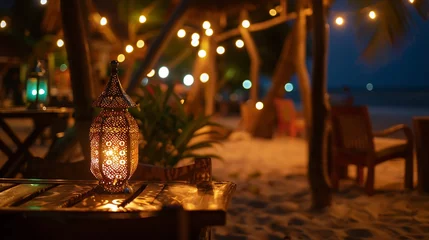 Zelfklevend Fotobehang Nungwi Strand, Tanzania Romantic night on Indian ocean shore Beach cafe and lighting lanterns Kendwa beach Zanzibar Tanzania Africa Selective focus on the lantern : Generative AI